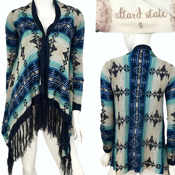 Altar’d State Open Fringe “Aztec Boulevard” Sweater Cardigan Small New With Tags - Picture 1 of 12